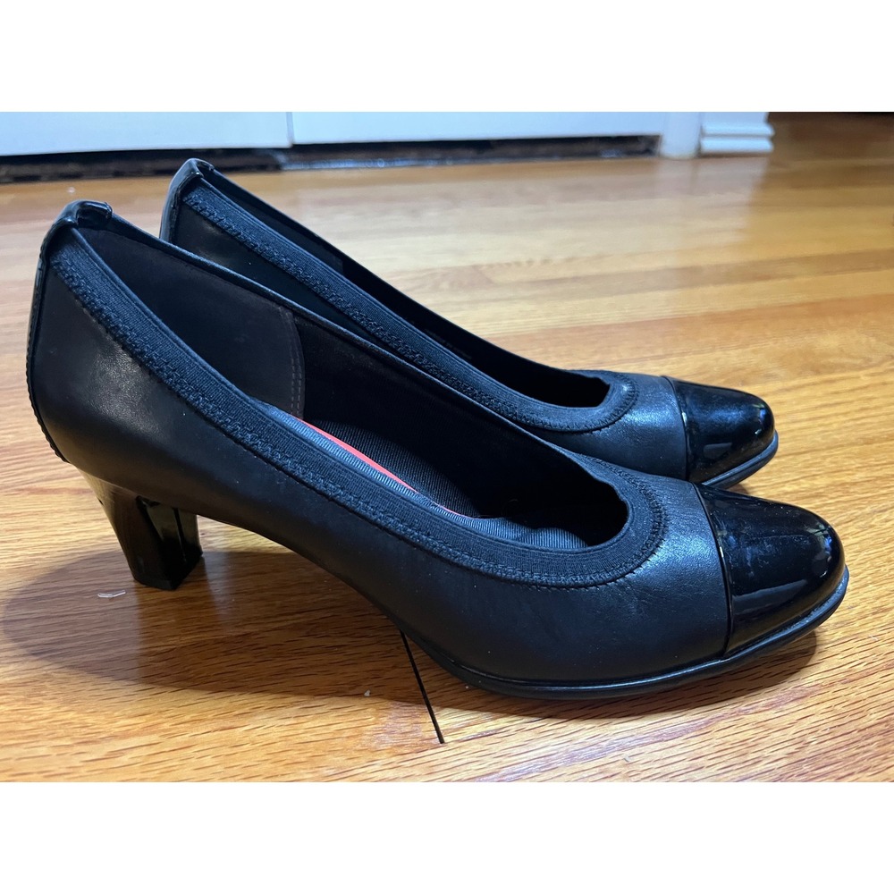 Rockport Women's Black Leather Cap Toe Block Heel Pumps Comfort Shoes 7 1/2